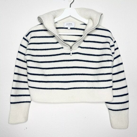 La Ligne - Cream and Navy Striped Merino Zip Sweater - Size S - Picture 1 of 6